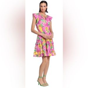 Donna Morgan Lemon Printed Flutter Cap Sleeve Ruffled Tiered A-Line Dress